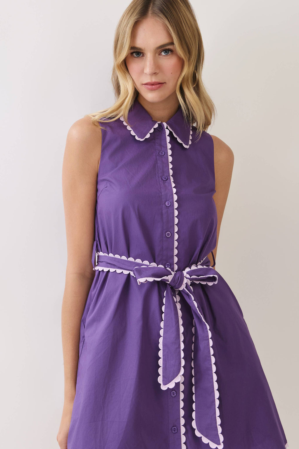 Olivia Scallop Trim Sleeveless Shirt Mini Dress