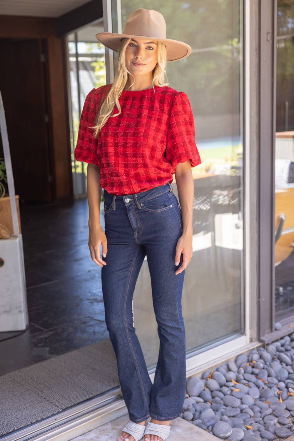 V301 Paxton Back V-Neck Bubble Sleeve Plaid Top