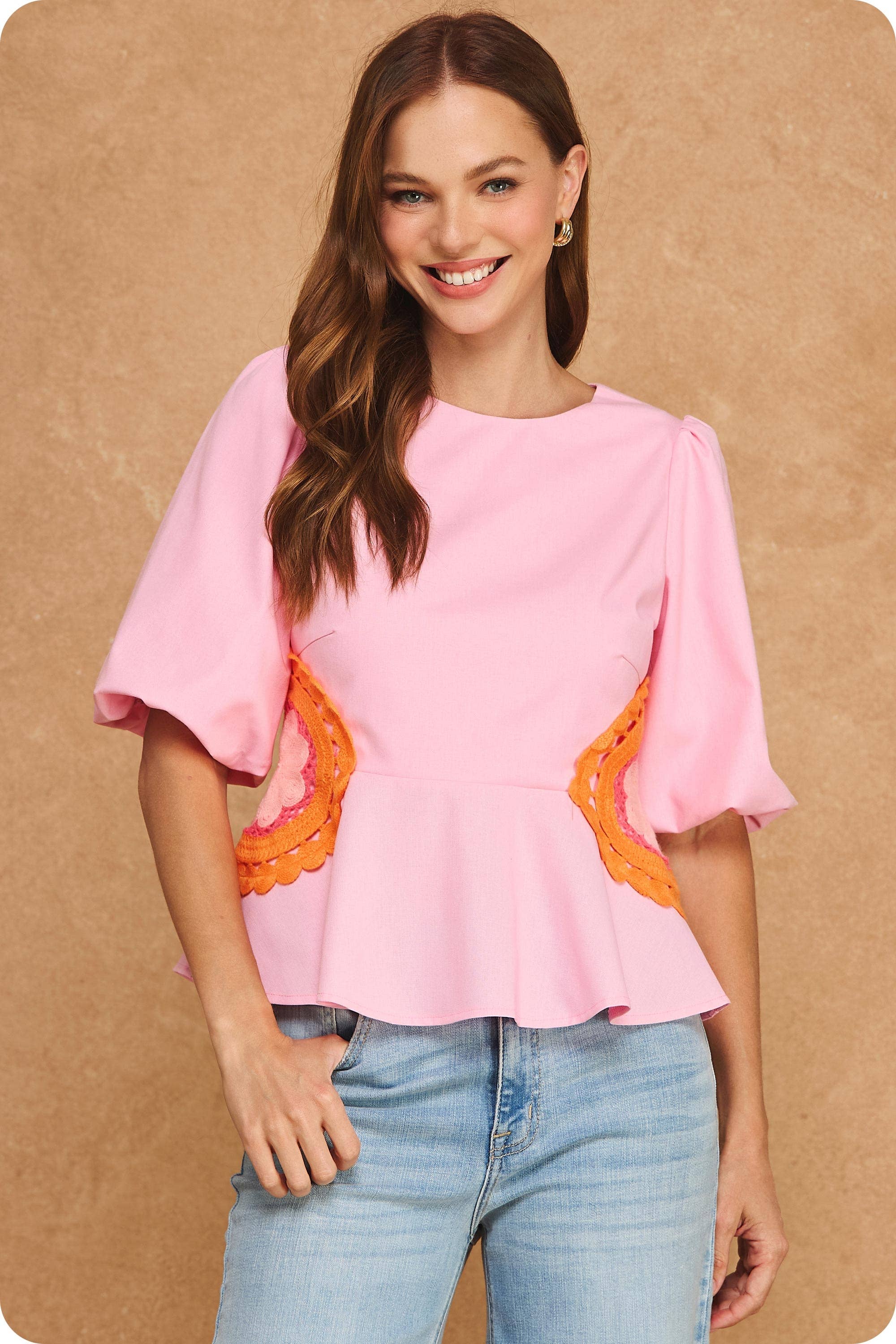 Ella Side Crochet Detail Puff Sleeve Peplum Linen Top