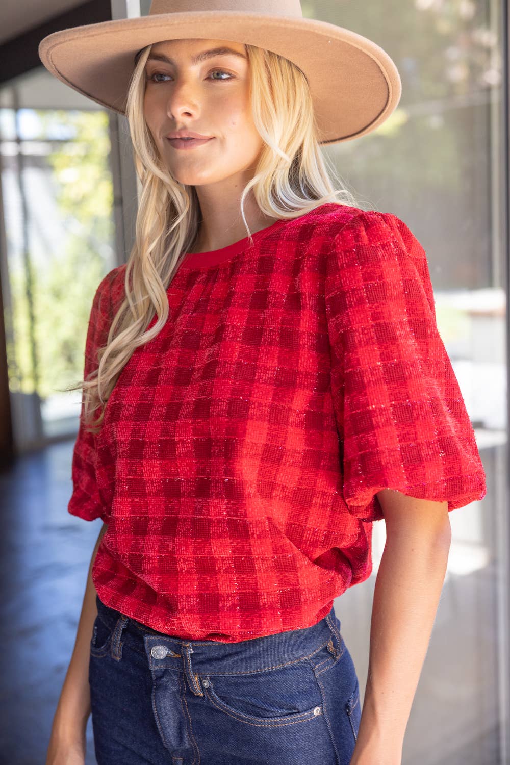 V301 Paxton Back V-Neck Bubble Sleeve Plaid Top