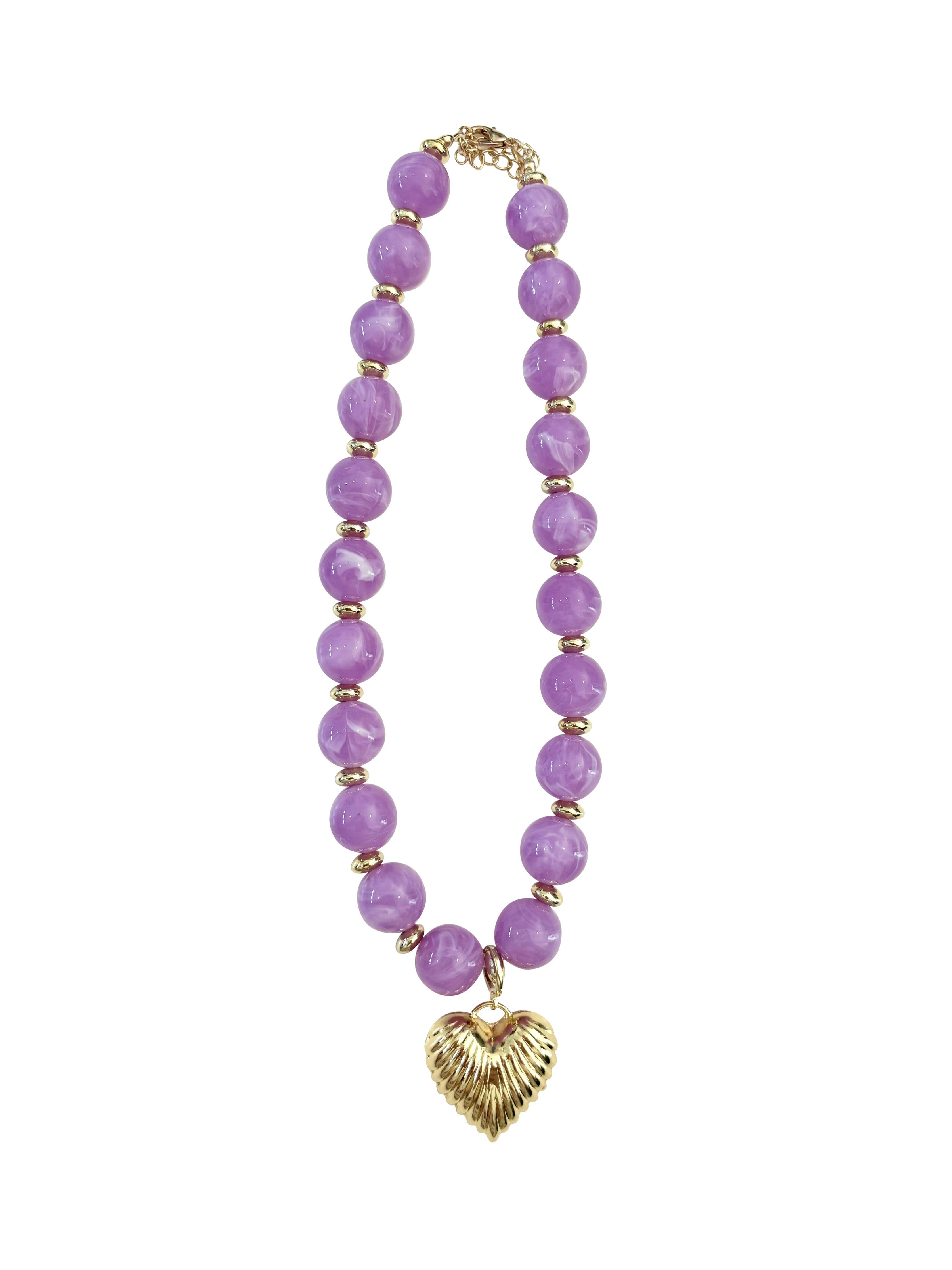 Lucas Beaded Necklace with Gold Heart Pendant - Purple
