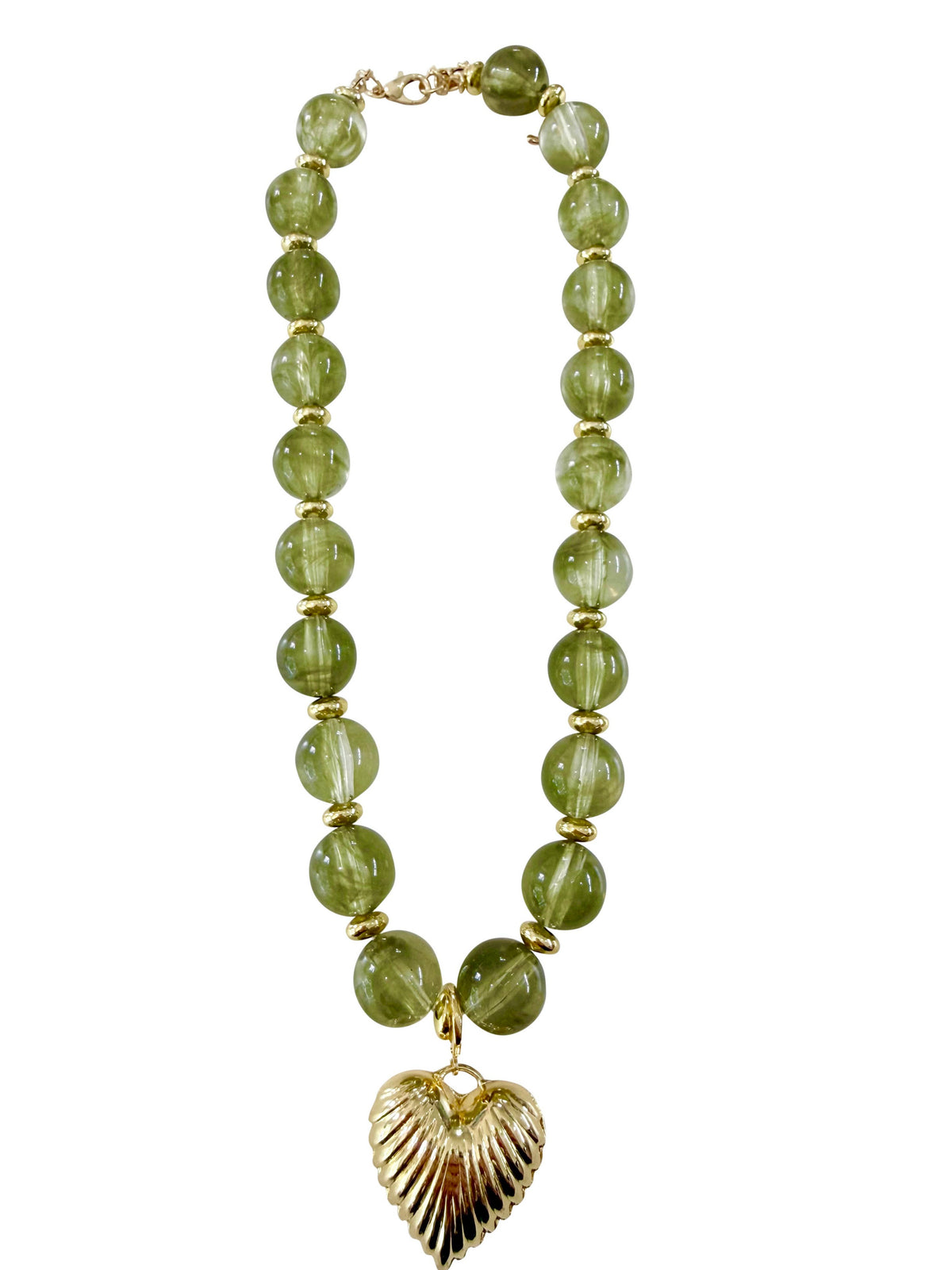 Lucas Beaded Necklace with Gold Heart Pendant - Light Green