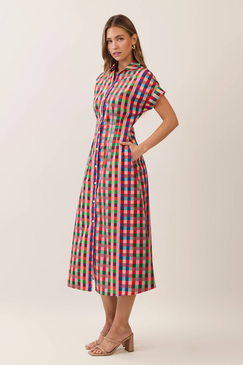 Meg Check Button Down Midi Dress