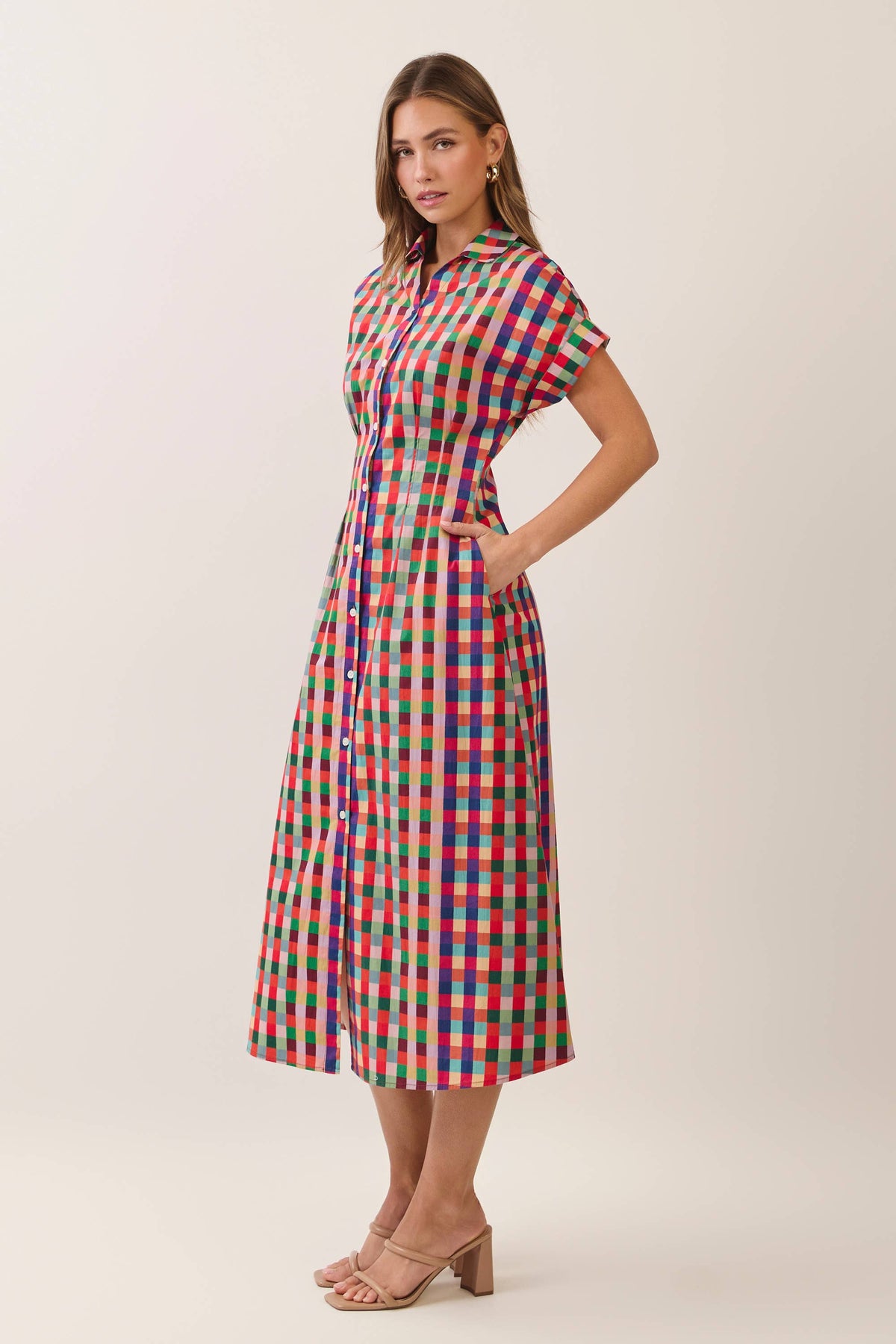 Meg Check Button Down Midi Dress