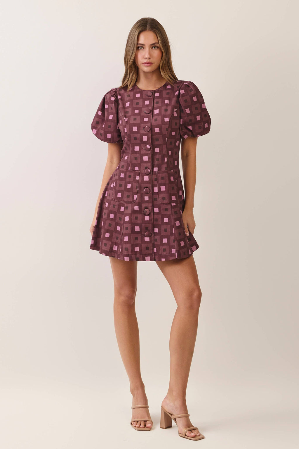 Becca Geometric Print Puff Sleeve Mini Dress