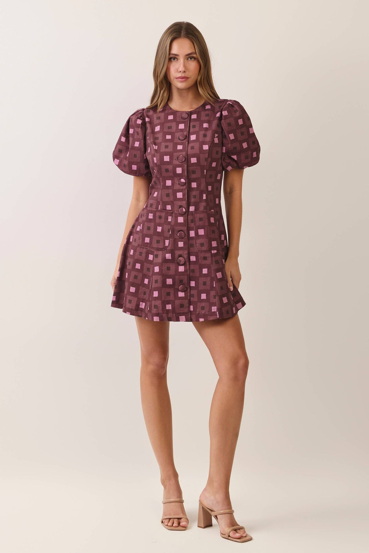 Becca Geometric Print Puff Sleeve Mini Dress