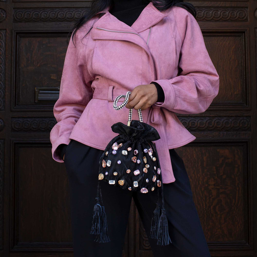 Starla Black Vegan Leather Jewel Top Handle Bag