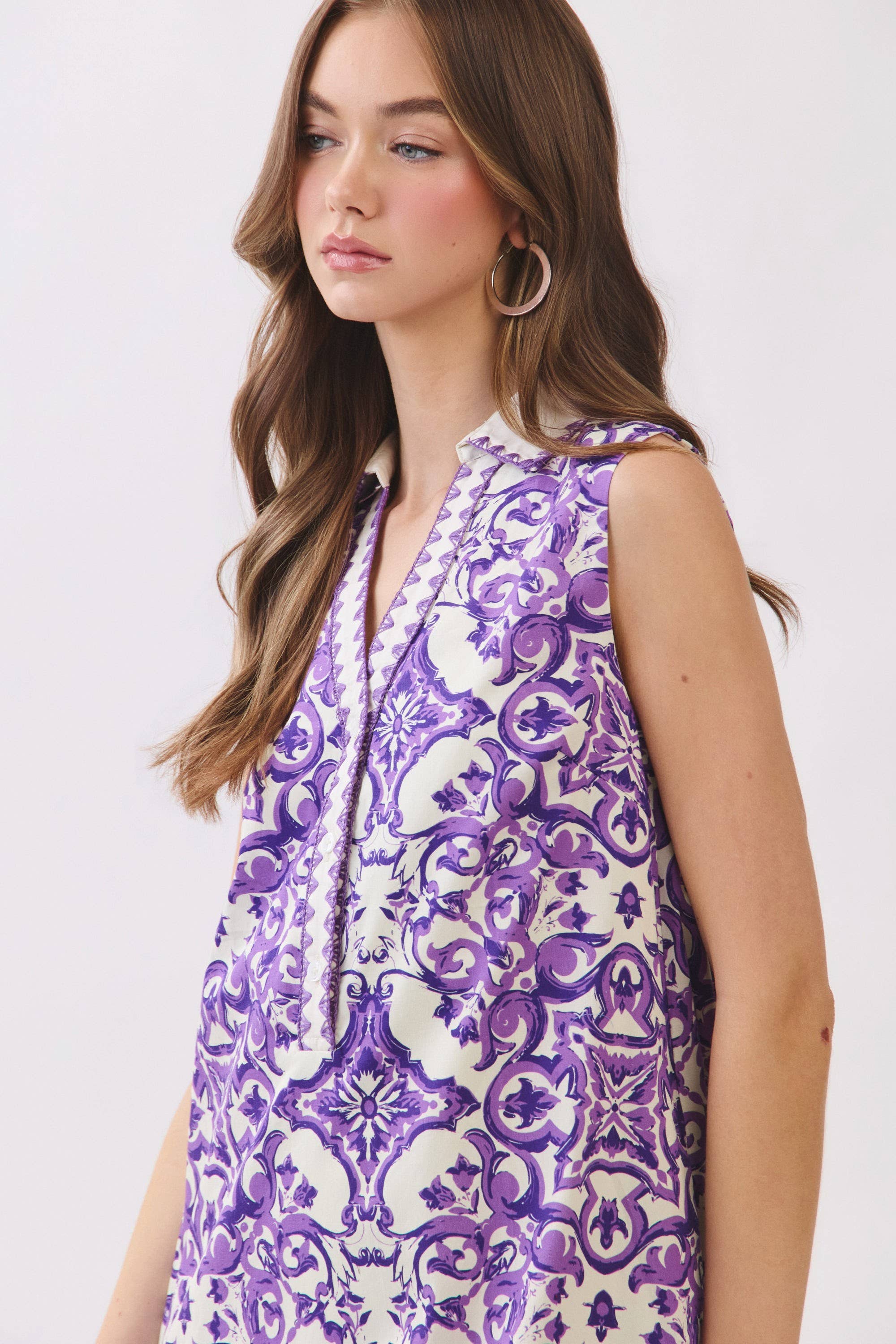 Towers Ornate Tile Print Shift Mini Collared Dress