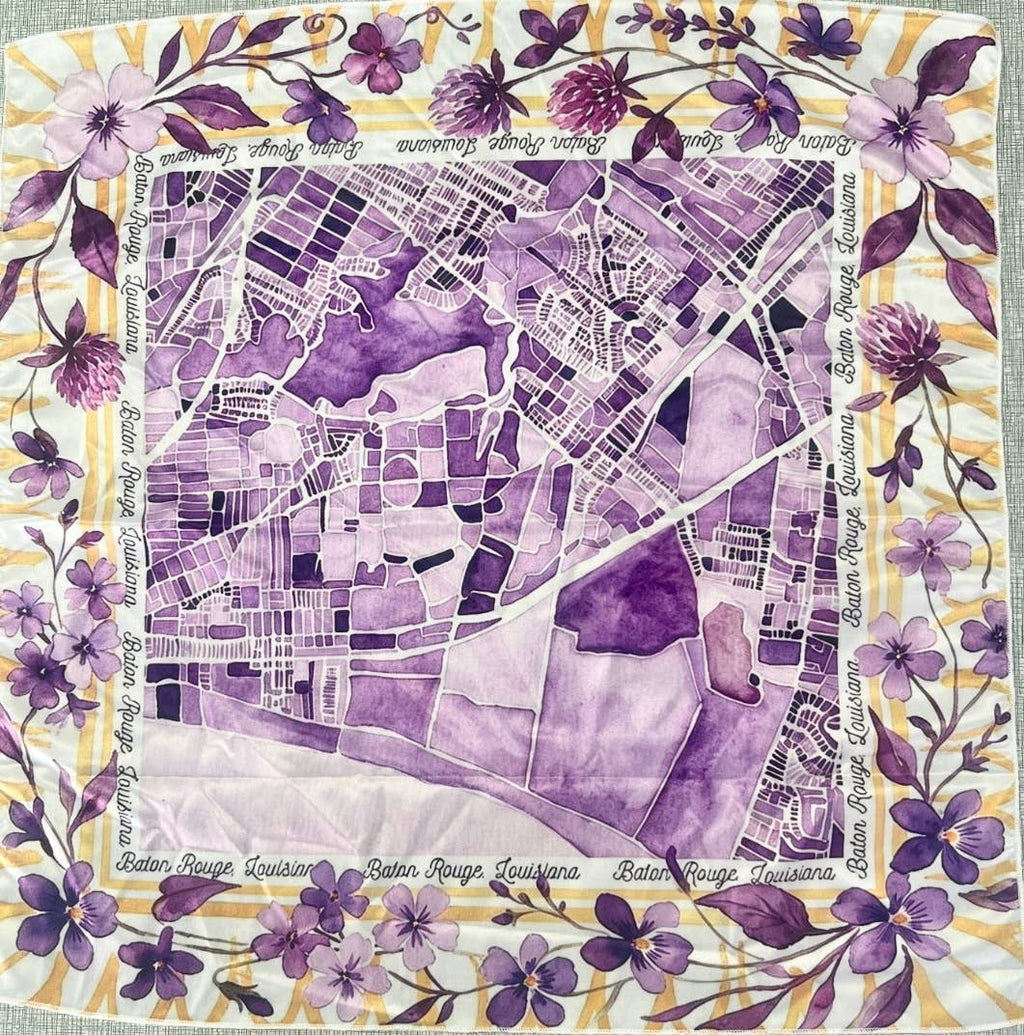 Watercolor Scarf - Baton Rouge Map - Purple & Yellow