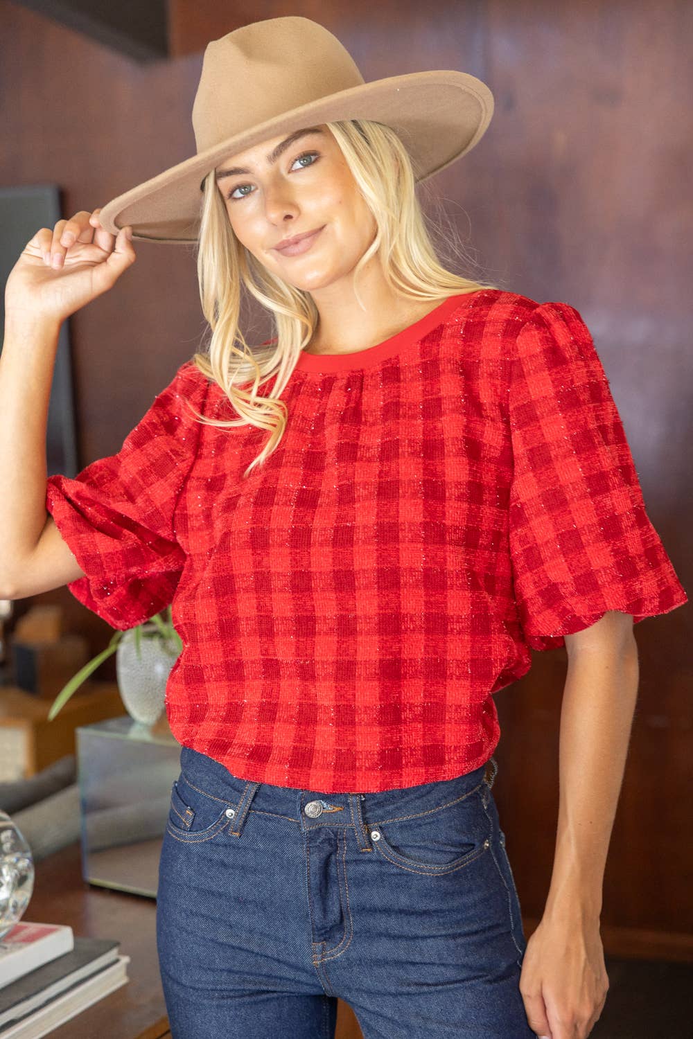 V301 Paxton Back V-Neck Bubble Sleeve Plaid Top