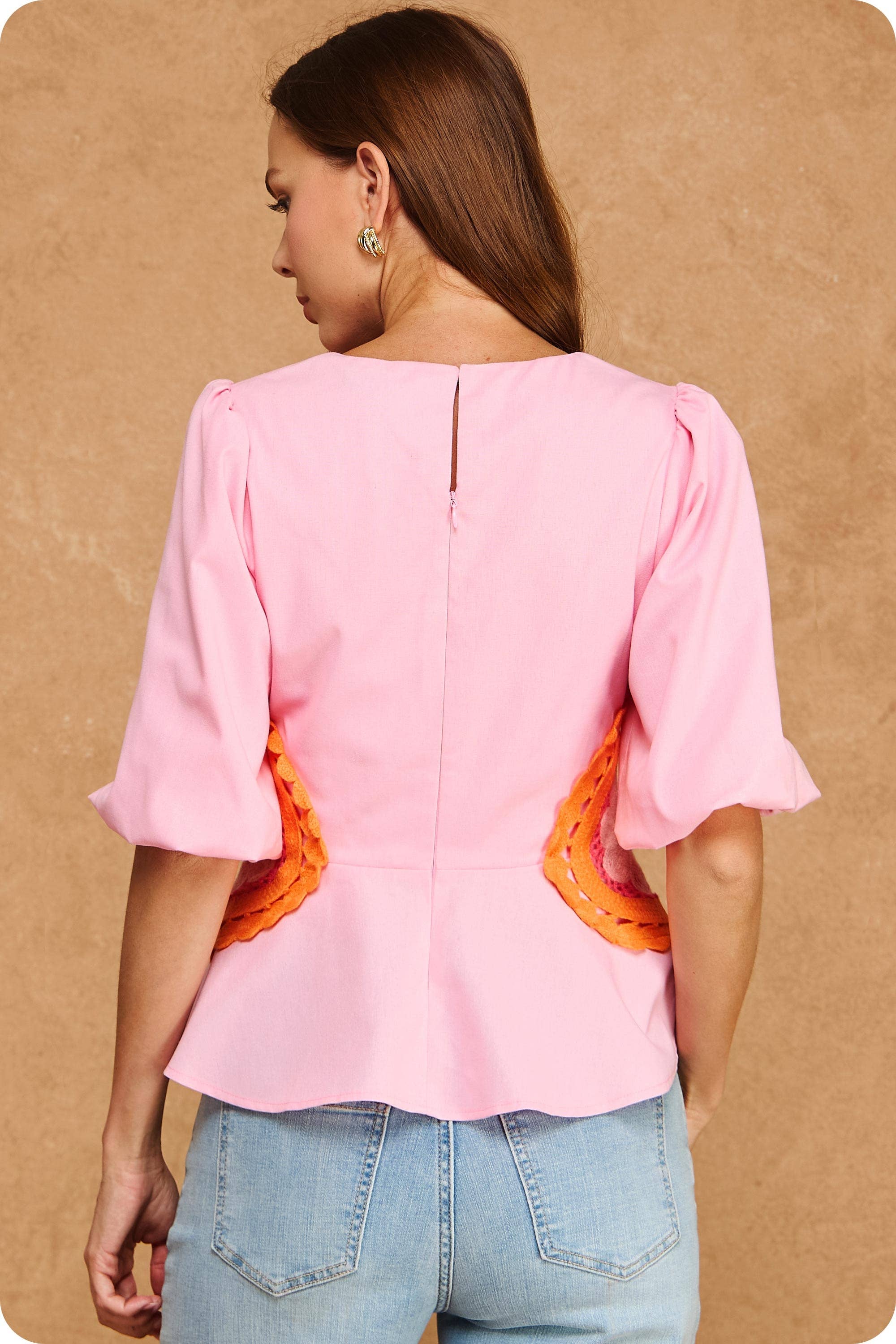 Ella Side Crochet Detail Puff Sleeve Peplum Linen Top