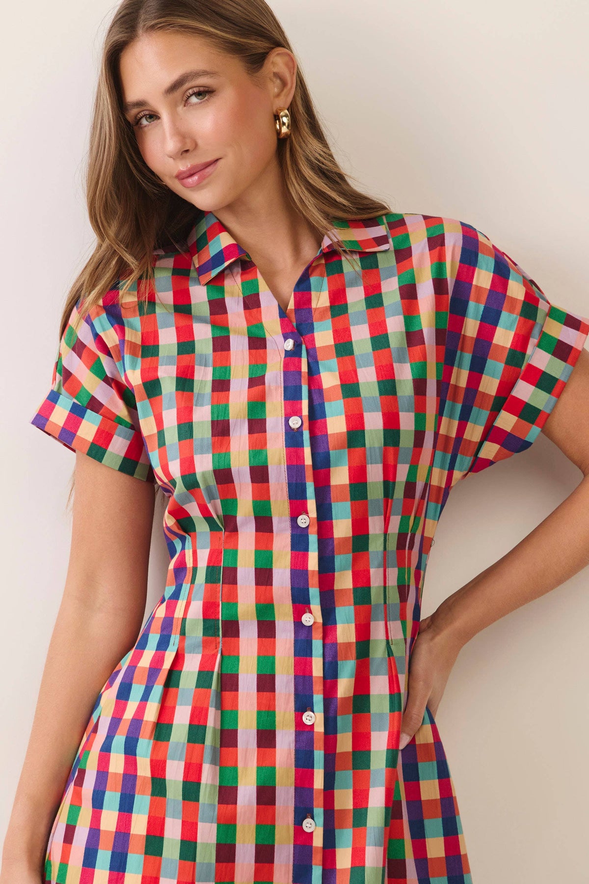 Meg Check Button Down Midi Dress