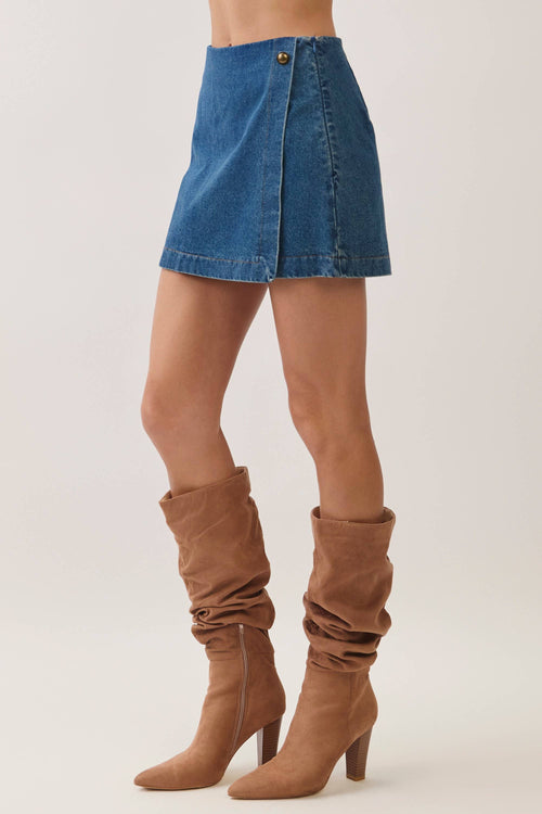 Alma Wrap Front Denim Mini Skort