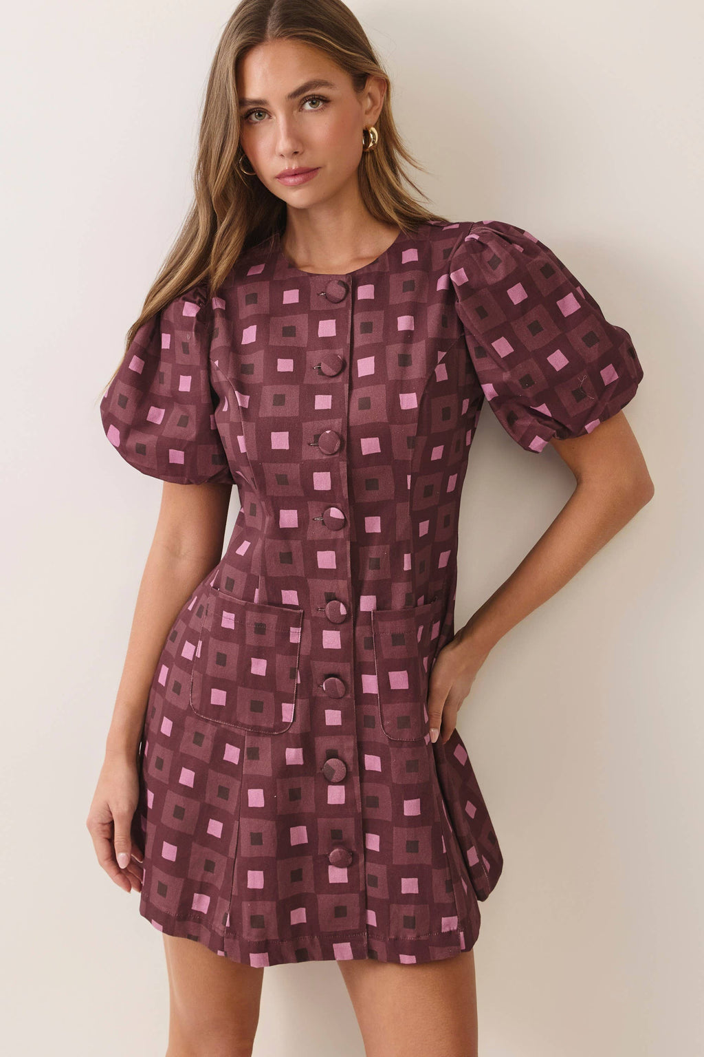 Becca Geometric Print Puff Sleeve Mini Dress