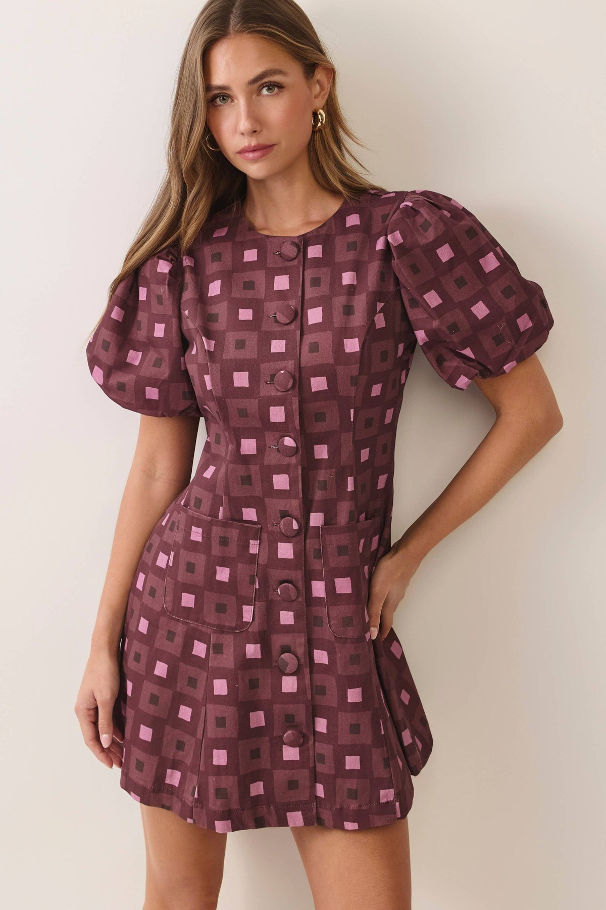 Becca Geometric Print Puff Sleeve Mini Dress
