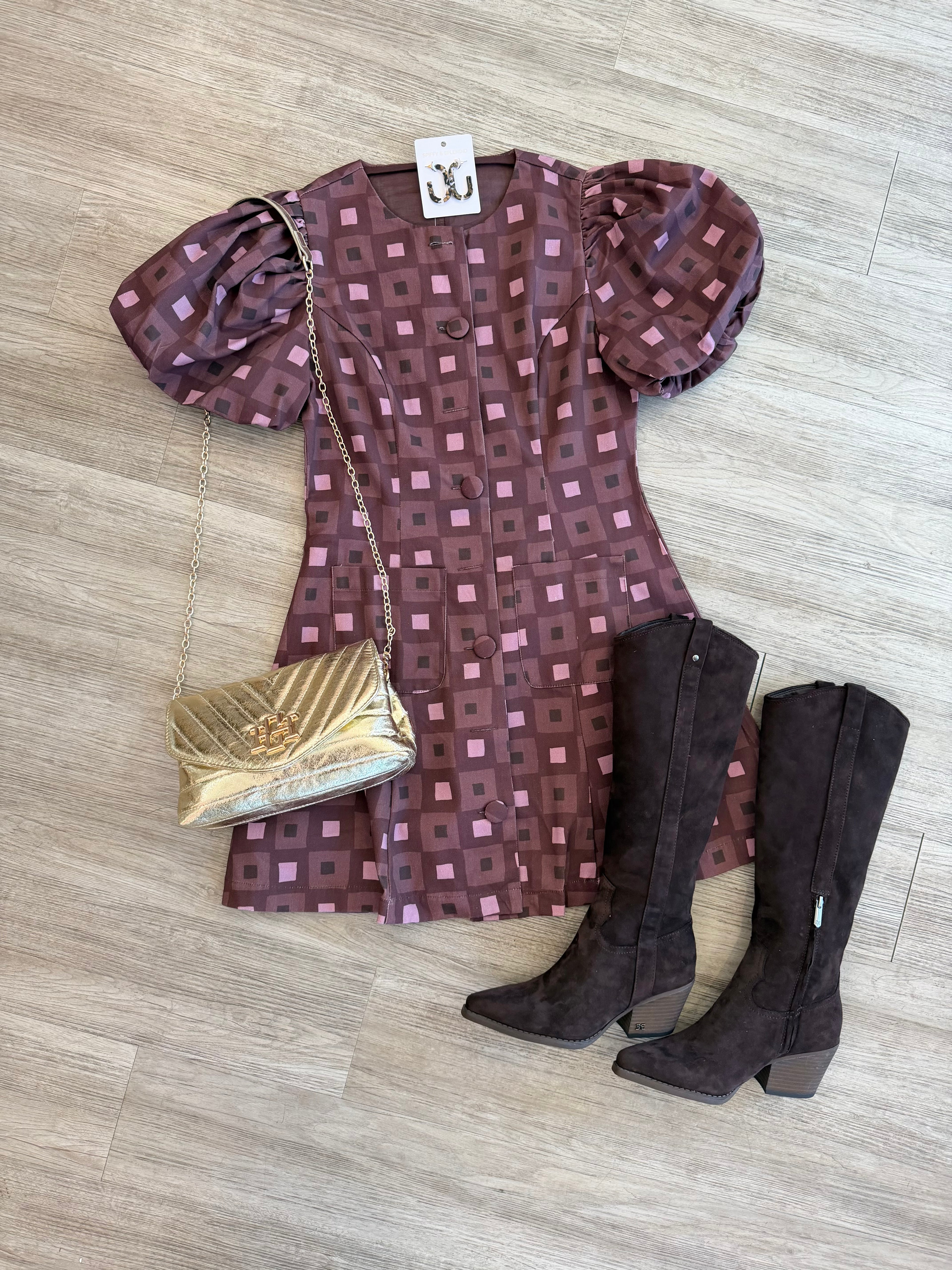 Becca Geometric Print Puff Sleeve Mini Dress