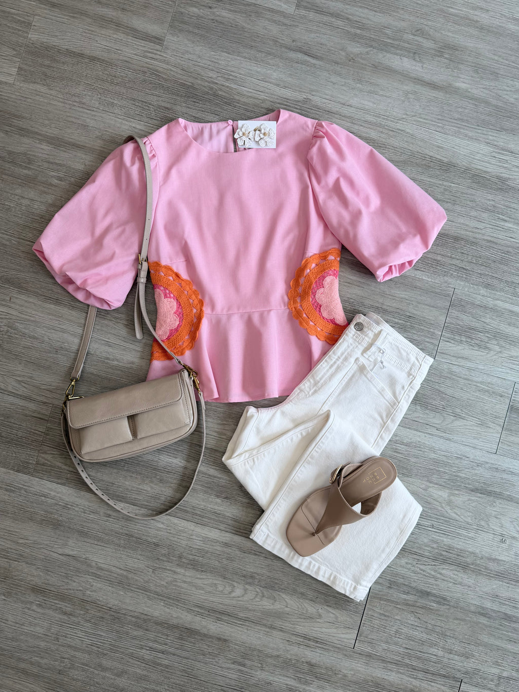Ella Side Crochet Detail Puff Sleeve Peplum Linen Top