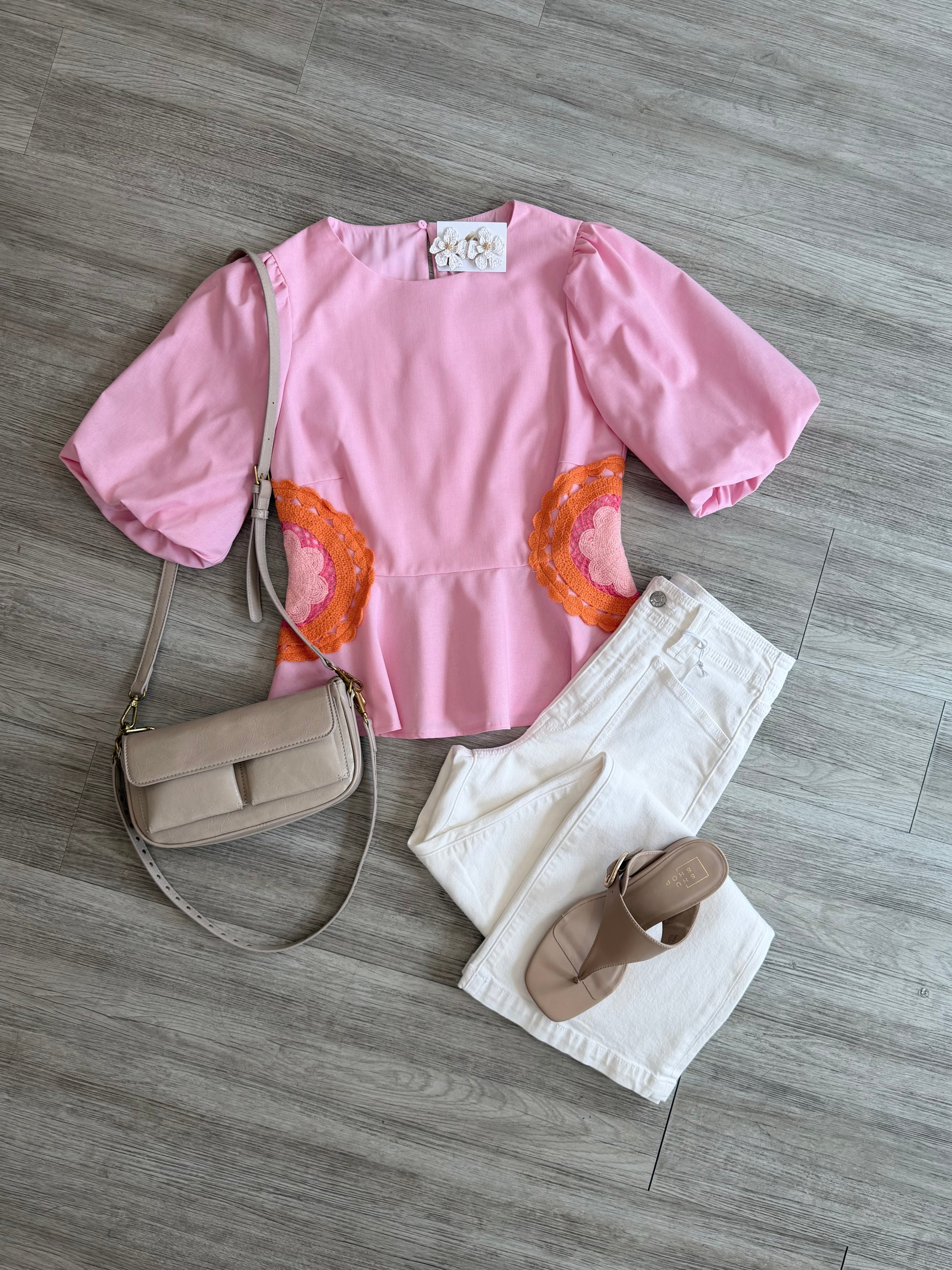 Ella Side Crochet Detail Puff Sleeve Peplum Linen Top