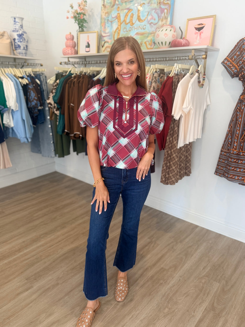 Shalene Plaid Zipper Top