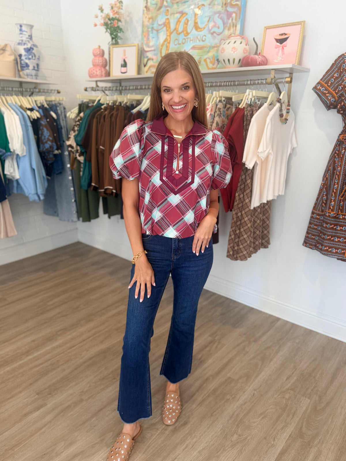 Shalene Plaid Zipper Top