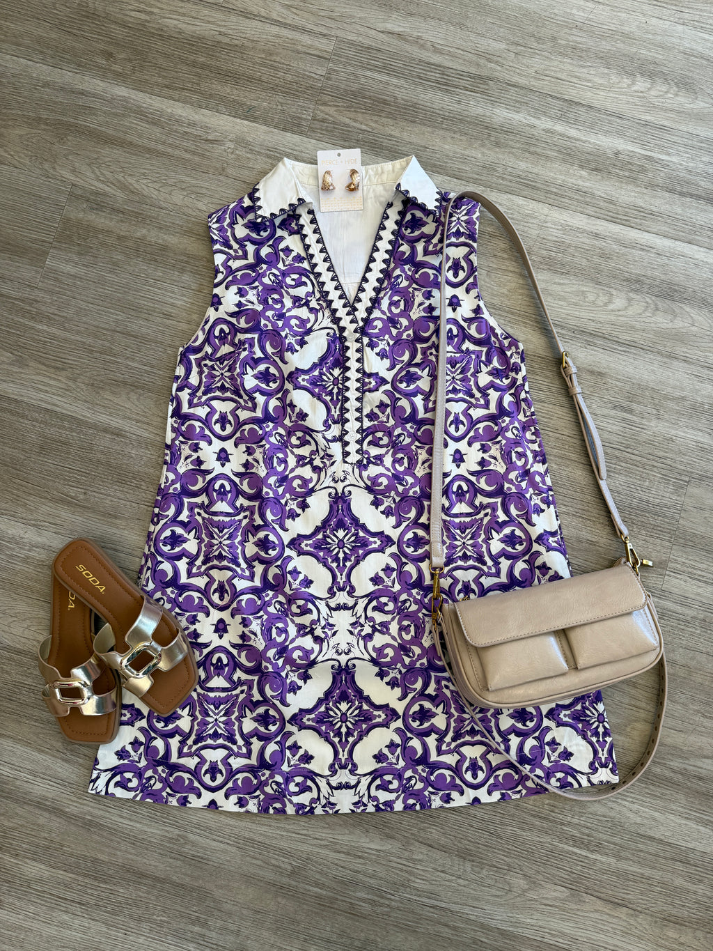 Towers Ornate Tile Print Shift Mini Collared Dress