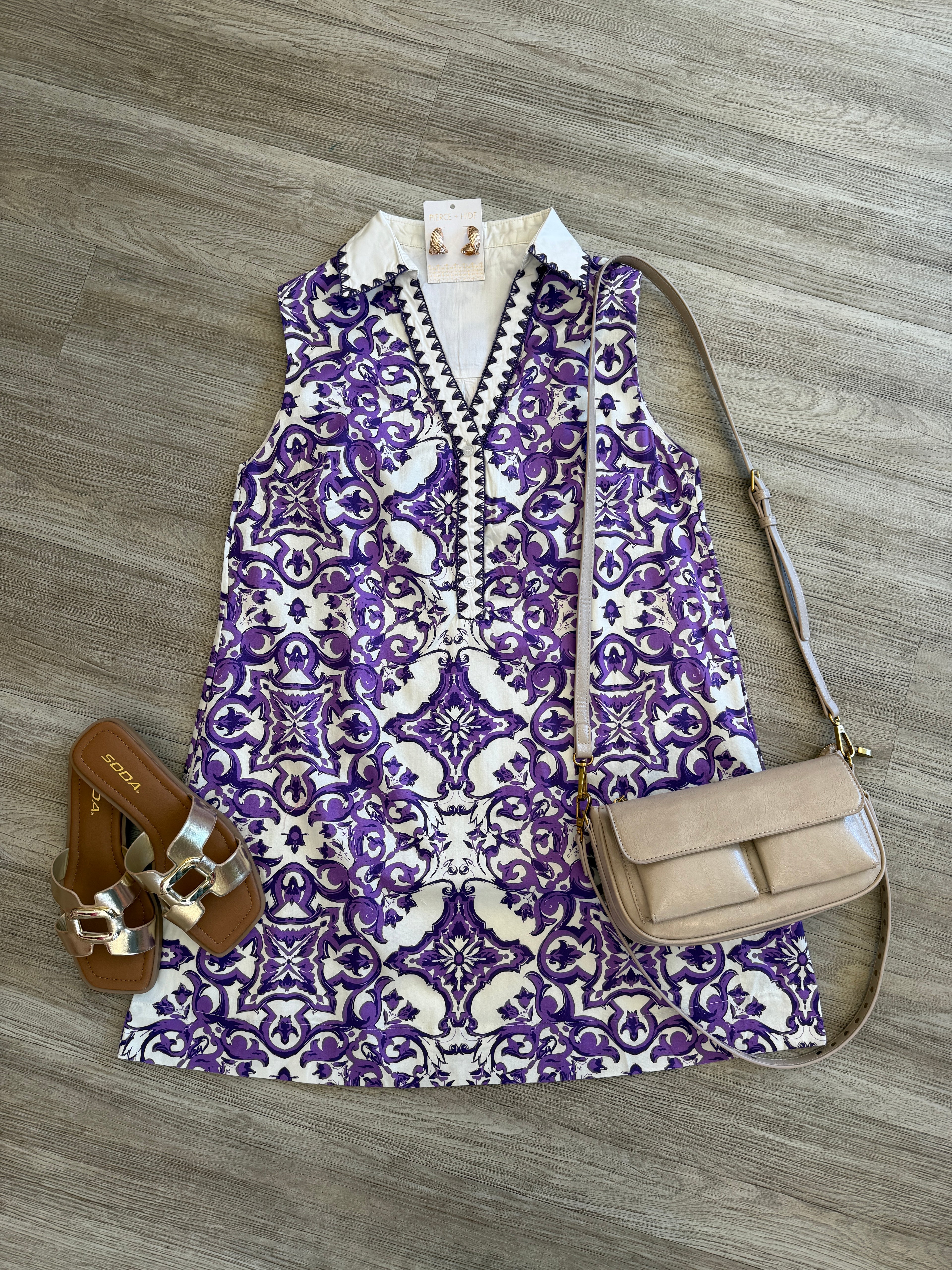 Towers Ornate Tile Print Shift Mini Collared Dress