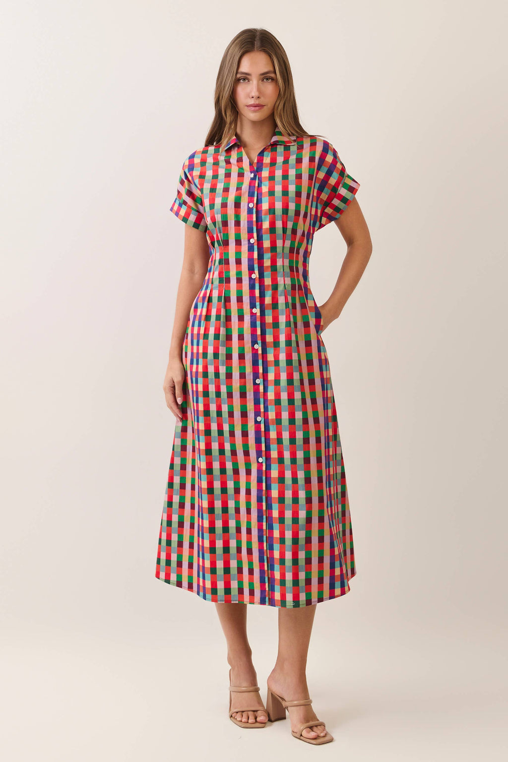 Meg Check Button Down Midi Dress