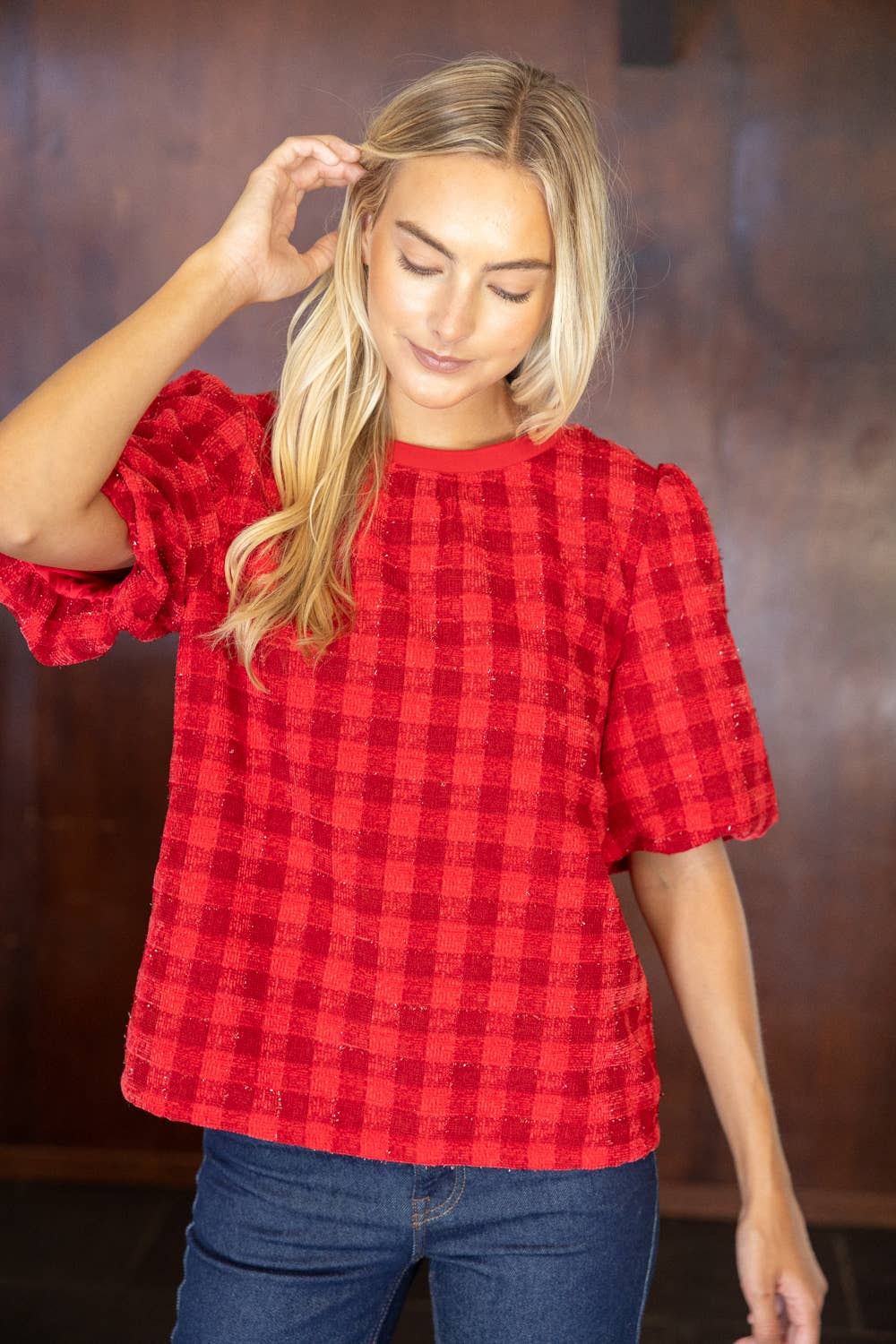 V301 Paxton Back V-Neck Bubble Sleeve Plaid Top