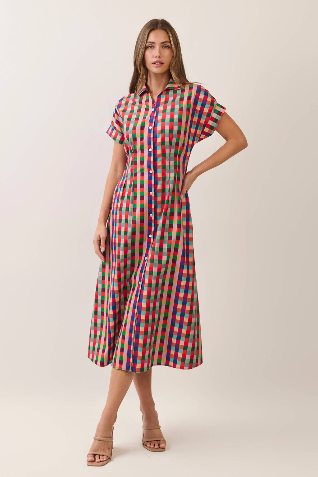 Meg Check Button Down Midi Dress