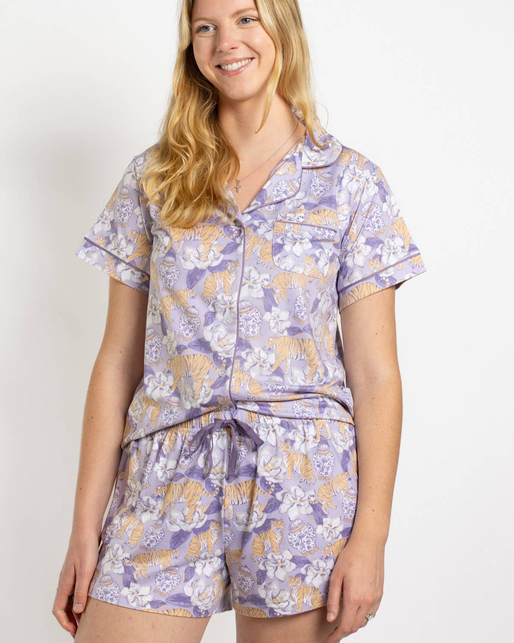 Chinoiserie Tiger Short Sleeve Button Up Sleep Shirt