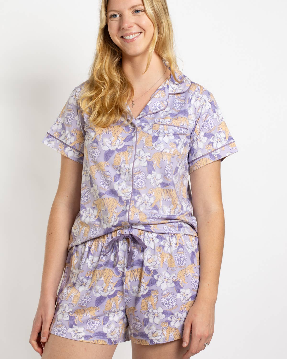Chinoiserie Tiger Short Sleeve Button Up Sleep Shirt