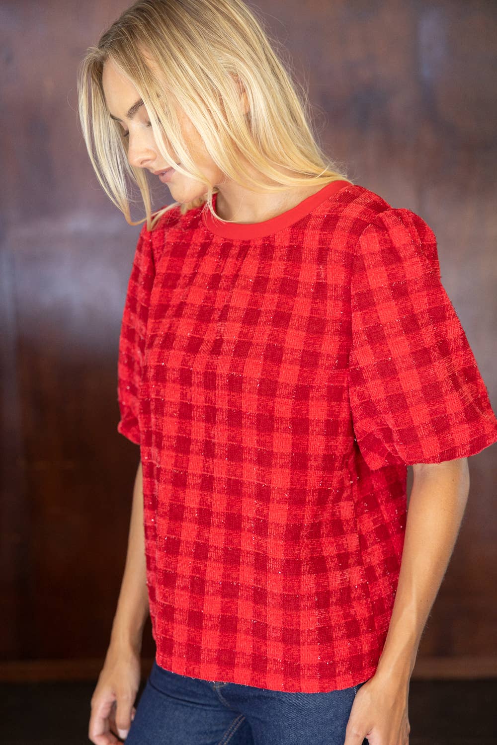 V301 Paxton Back V-Neck Bubble Sleeve Plaid Top