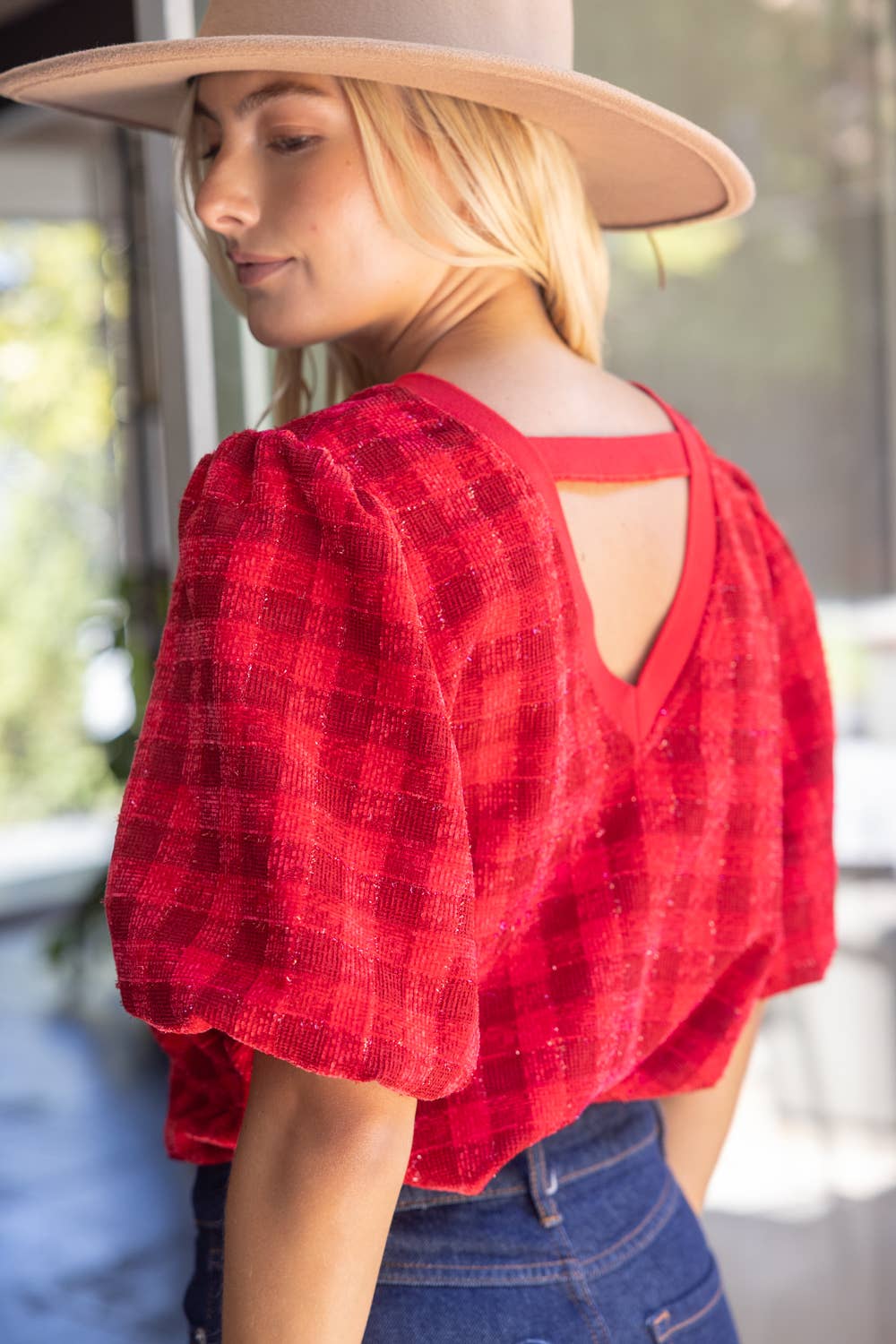 V301 Paxton Back V-Neck Bubble Sleeve Plaid Top