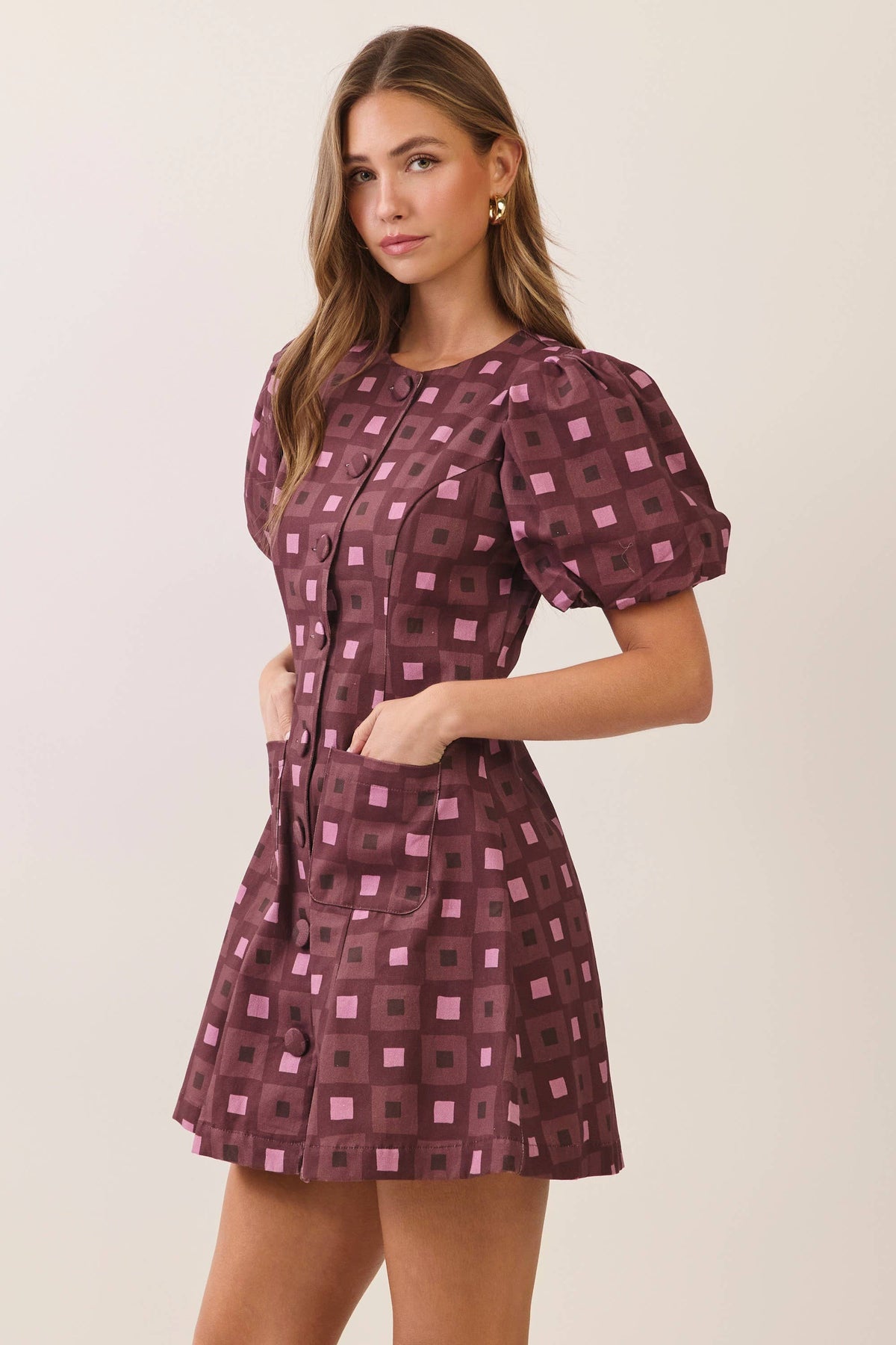Becca Geometric Print Puff Sleeve Mini Dress