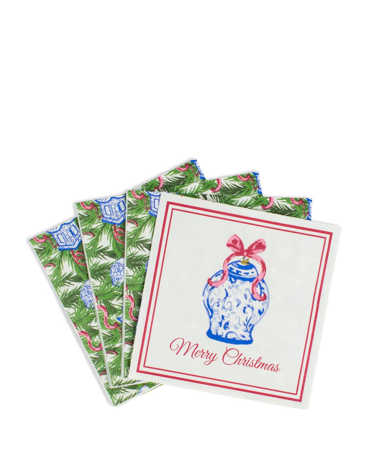 Chinoiserie Merry Christmas Cocktail Napkins   White/Red/Blue   5x5