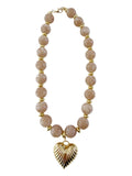 Lucas Beaded Necklace with Gold Heart Pendant -Taupe