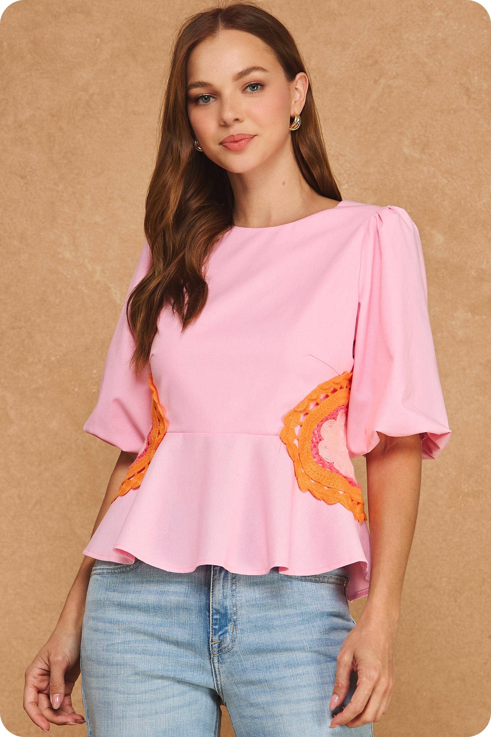 Ella Side Crochet Detail Puff Sleeve Peplum Linen Top