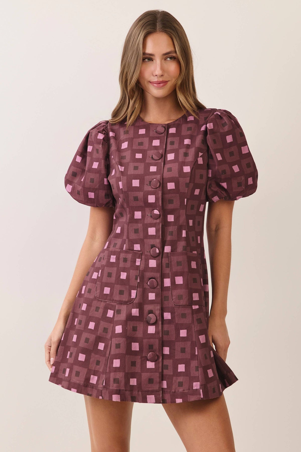 Becca Geometric Print Puff Sleeve Mini Dress