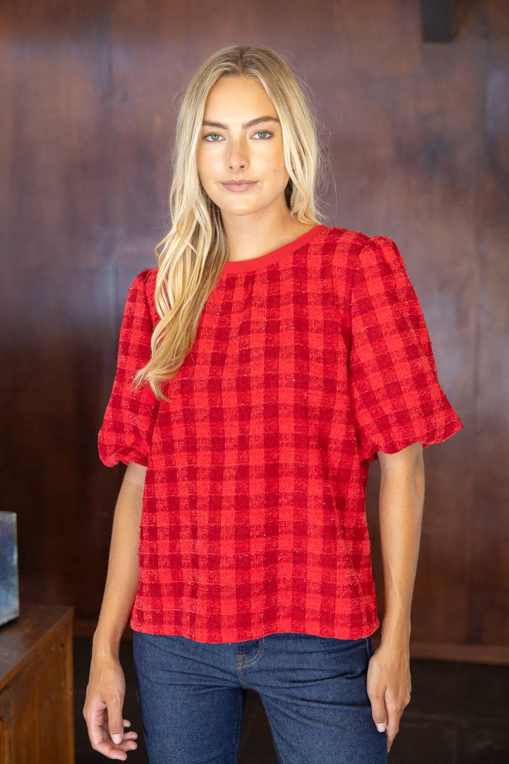 V301 Paxton Back V-Neck Bubble Sleeve Plaid Top
