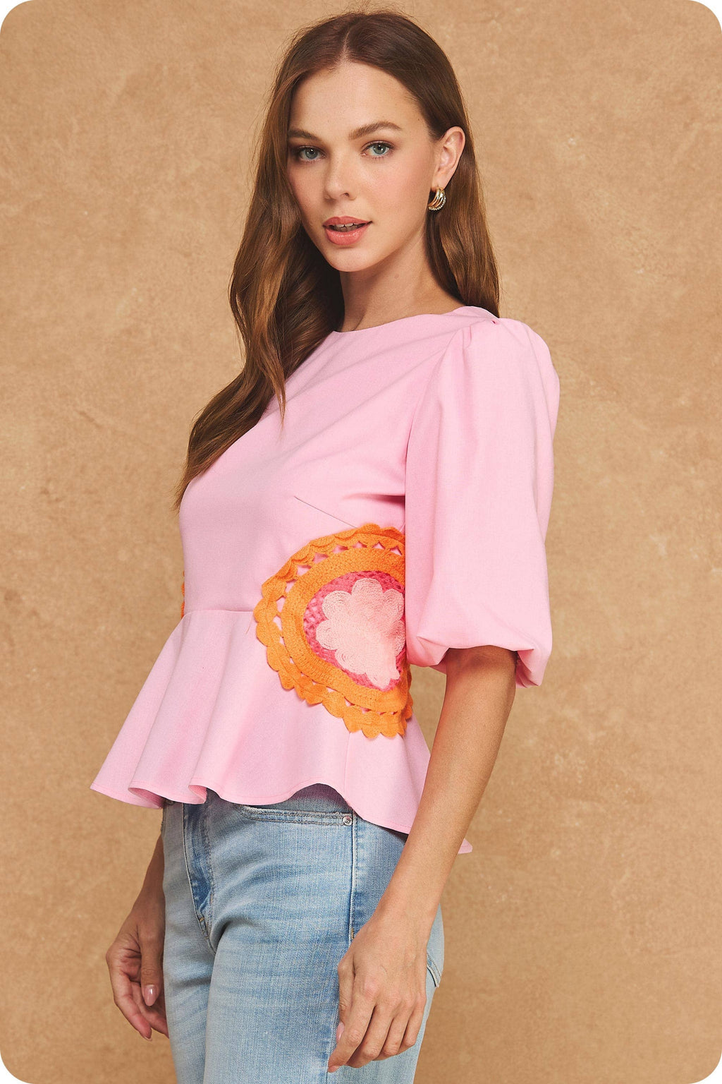 Ella Side Crochet Detail Puff Sleeve Peplum Linen Top