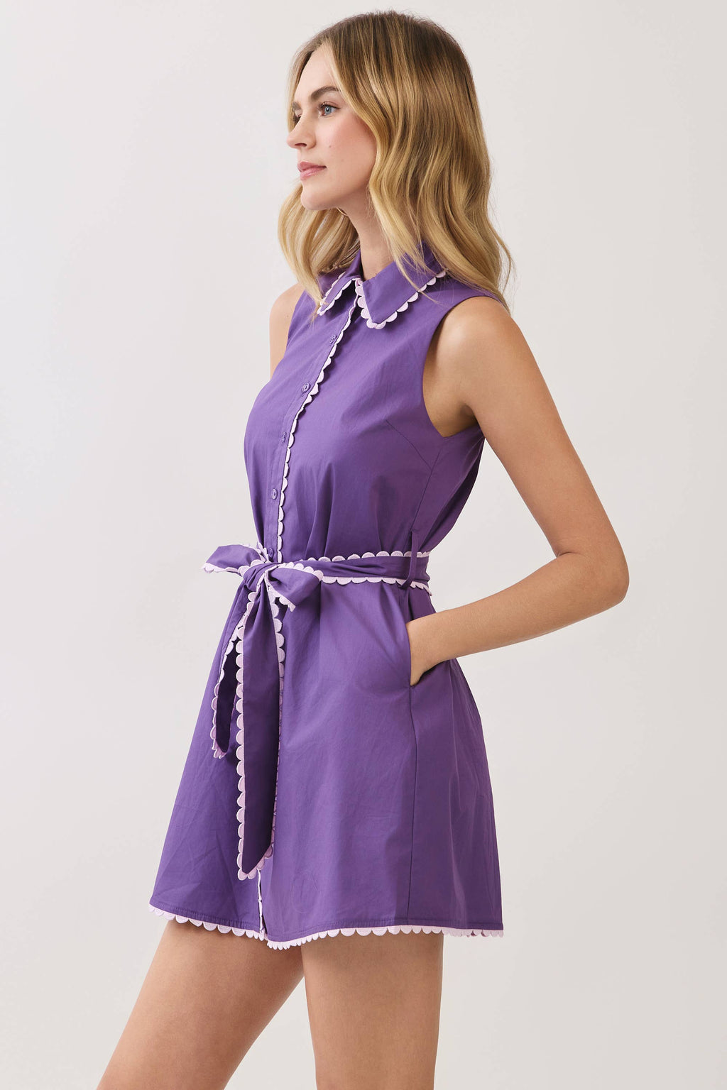 Olivia Scallop Trim Sleeveless Shirt Mini Dress